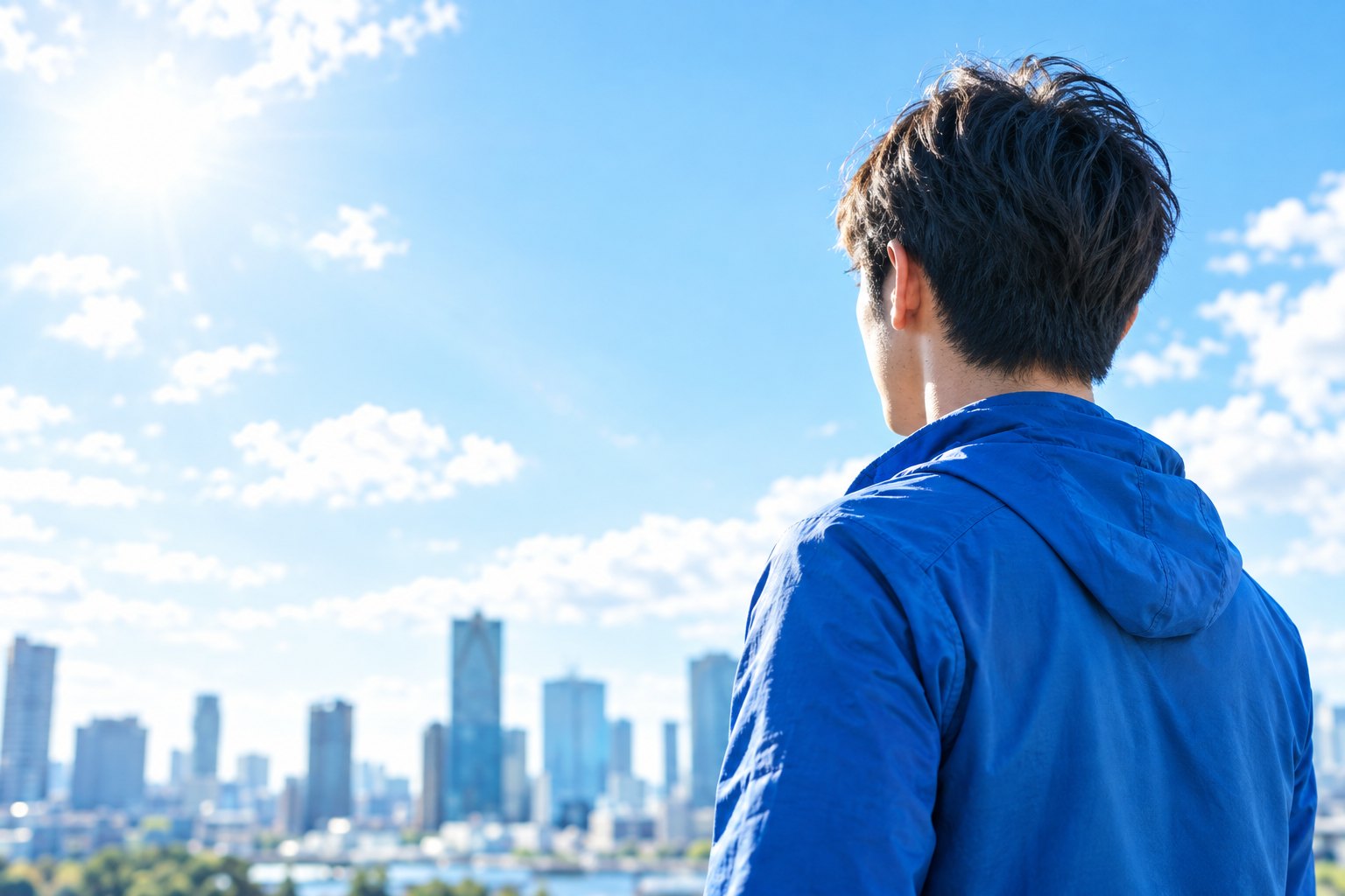 青空の下の街を眺める男性の後ろ姿(イメージ)