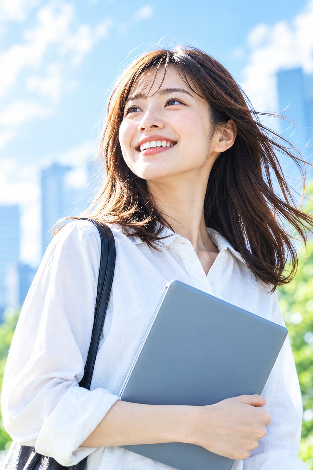 タブレットを抱えて笑顔で空を見上げる女性（イメージ）