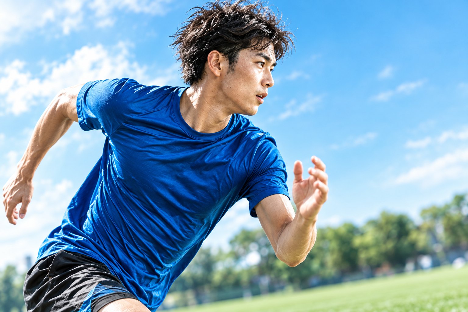 芝のグラウンドを走る青いTシャツの男性（イメージ）
